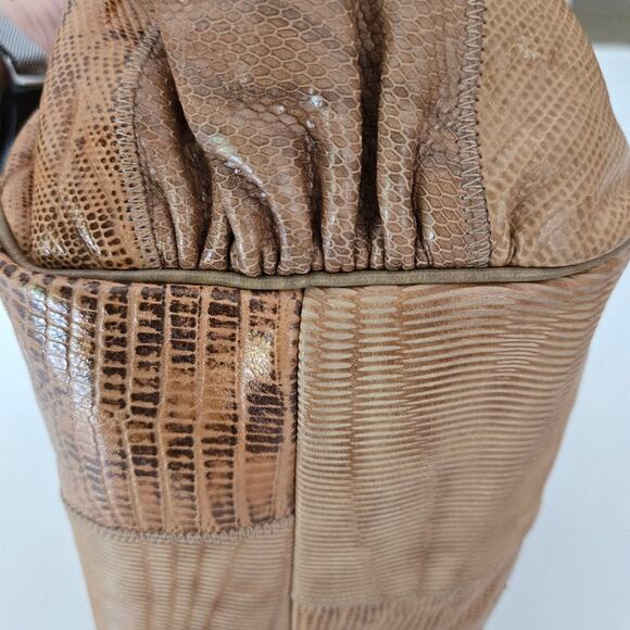 Vintage Sharif Tan & Brown Embossed Leather Patchwork Crossbody Shoulder Bag - Picture 7 of 13